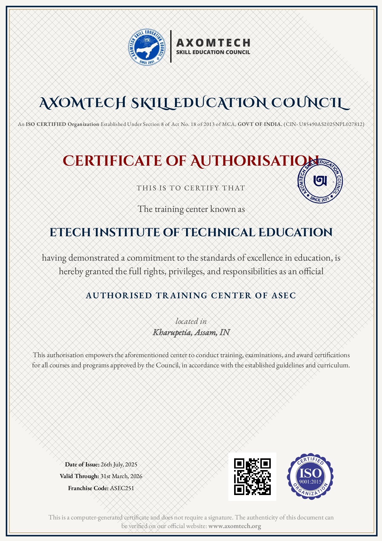 Sample Center Authorisation Certificate
